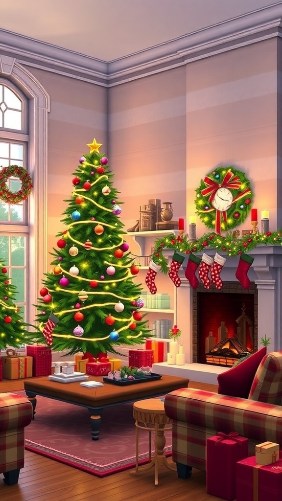 Sims 4 Christmas Decorations Guide A festive Sims 4 living room with a Christmas tree, stockings, and holiday decorations.